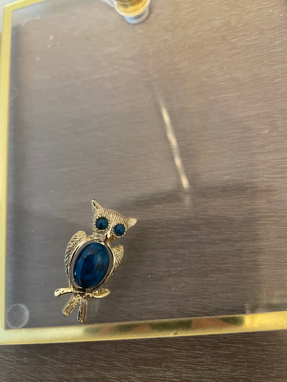 Artisan Gold-Tone Owl Brooch with Deep Blue Cabochons